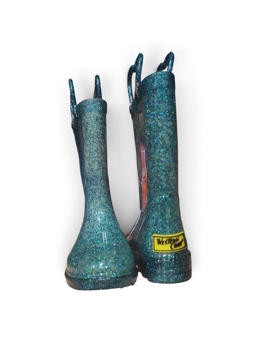 Western Chief Kids Teal Glitter Lights Heart-Handle Pull-On Rain Boots, US 8